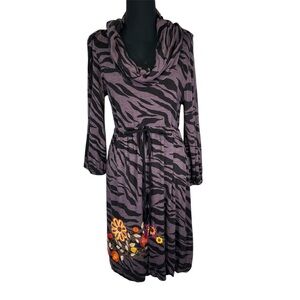 Uncle Frank Cowl Neck Purple & Black Zebra Print 1/2 Sleeve Embroidered Flowers